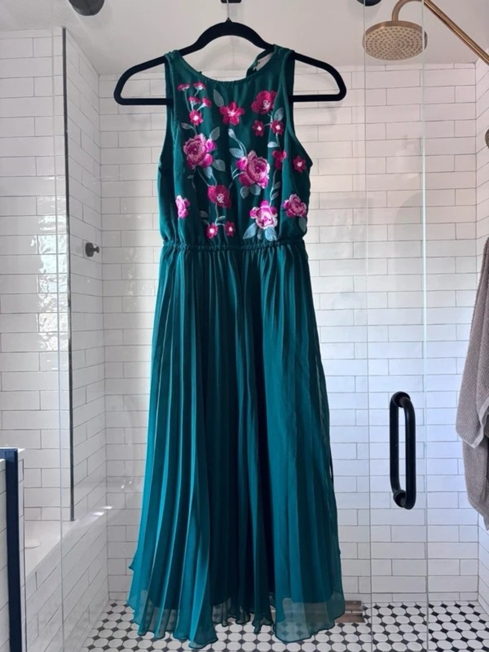 Emerald Green Maxi Dress with Pink Floral Embroidery